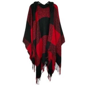 Red and Black Buffalo plaid poncho with hoodie no size tag or fabric tag XL/XXL
